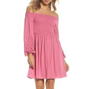 Kobi Halperin Pink Smocked Off Shoulder Dress